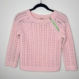 Free People Bunny Pink Wool Blend Cropped Sweater Green Zipper Detail Size Small